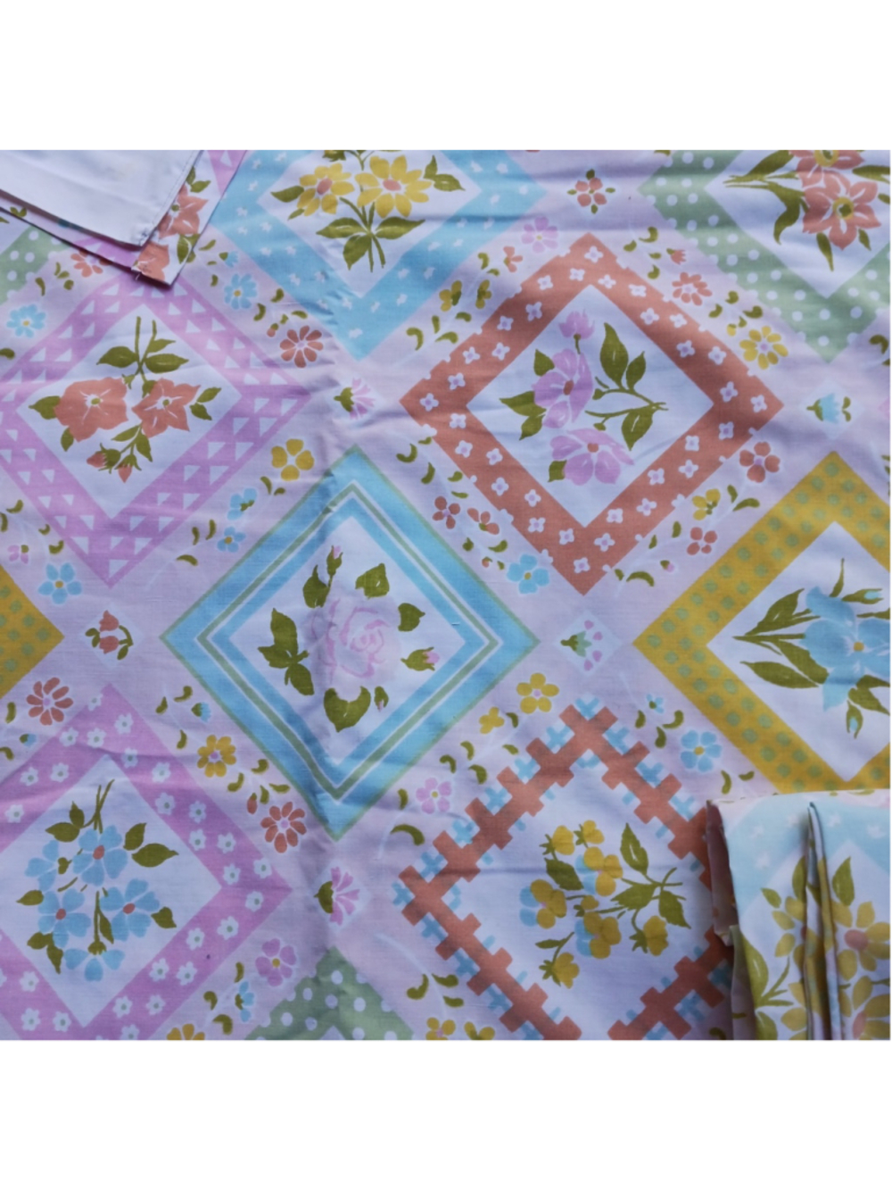 VTG JCPenny Percale Double Sheet Set Lace Top Floral 70s Cottagecore Country